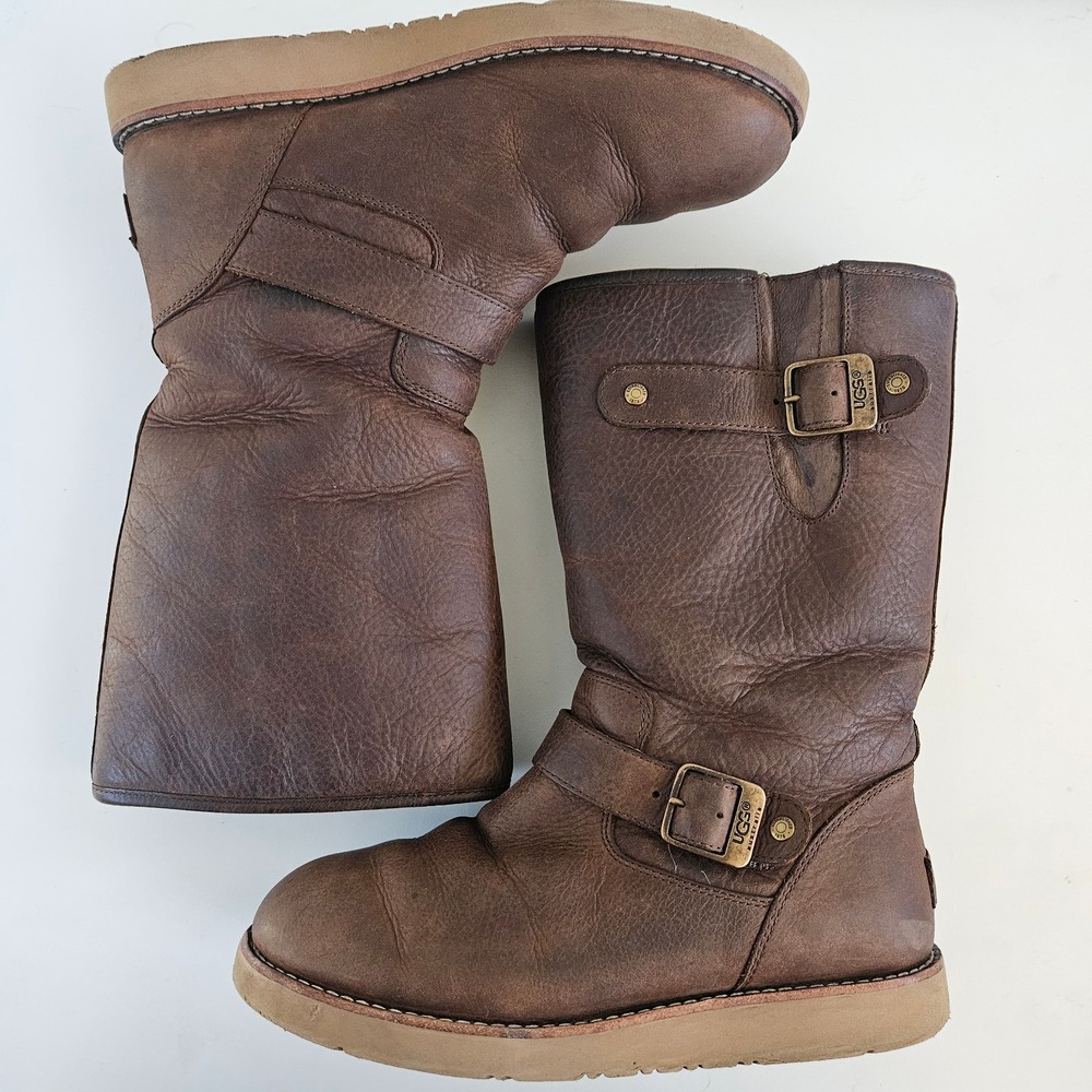UGG Kensington II Brown Leather Boots Womens 8 Shearling Lined Moto Biker